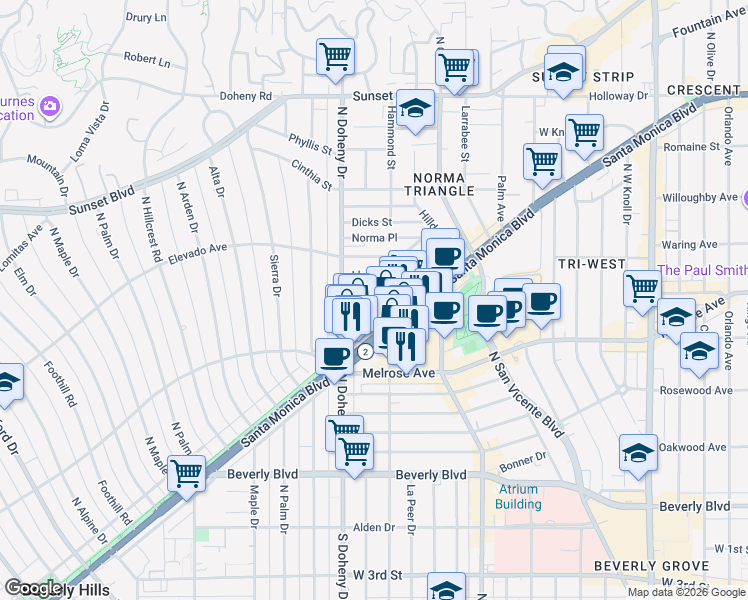 map of restaurants, bars, coffee shops, grocery stores, and more near 9028 Keith Avenue in West Hollywood