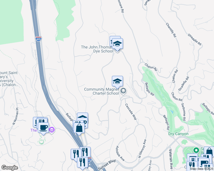 map of restaurants, bars, coffee shops, grocery stores, and more near 890 Linda Flora Drive in Los Angeles