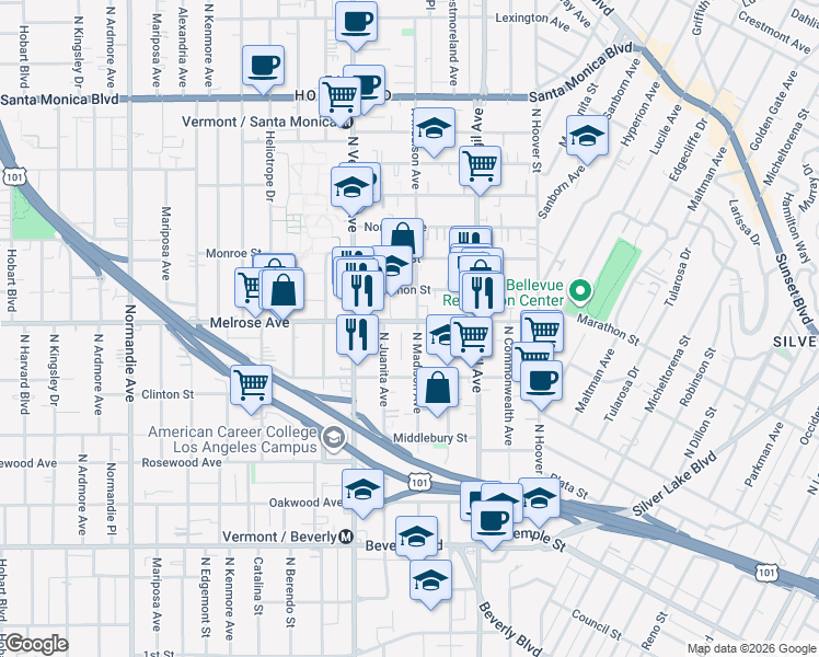 map of restaurants, bars, coffee shops, grocery stores, and more near 646 North Juanita Avenue in Los Angeles