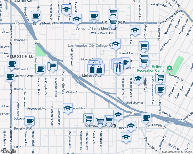 map of restaurants, bars, coffee shops, grocery stores, and more near 659 North Berendo Street in Los Angeles