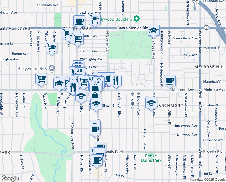 map of restaurants, bars, coffee shops, grocery stores, and more near 640 North Beachwood Drive in Los Angeles