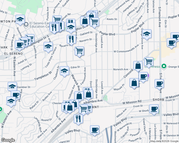 map of restaurants, bars, coffee shops, grocery stores, and more near 3233 Dorchester Avenue in Los Angeles