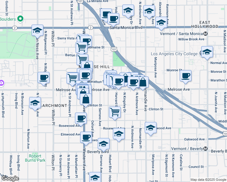 map of restaurants, bars, coffee shops, grocery stores, and more near in Los Angeles