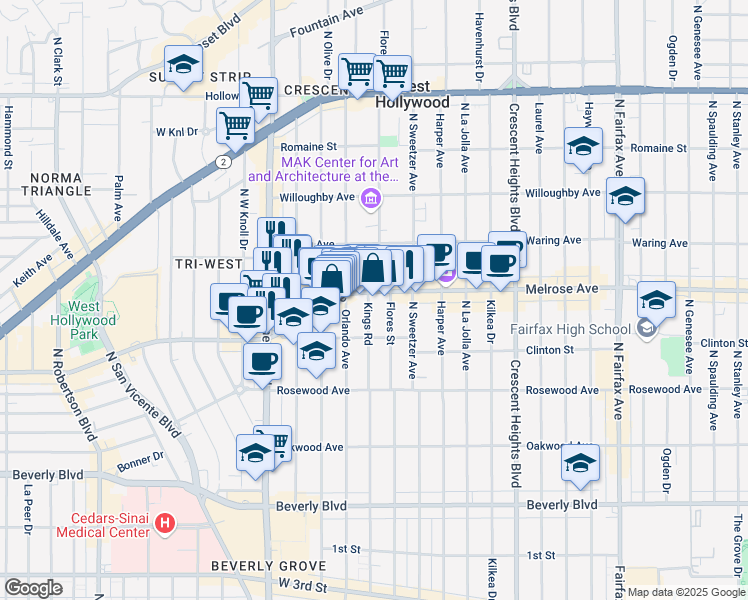 map of restaurants, bars, coffee shops, grocery stores, and more near in Los Angeles