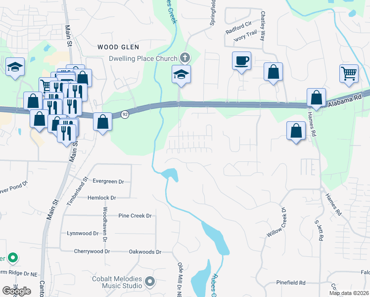 map of restaurants, bars, coffee shops, grocery stores, and more near 740 Bedford Ct in Woodstock