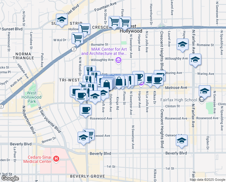 map of restaurants, bars, coffee shops, grocery stores, and more near in Los Angeles