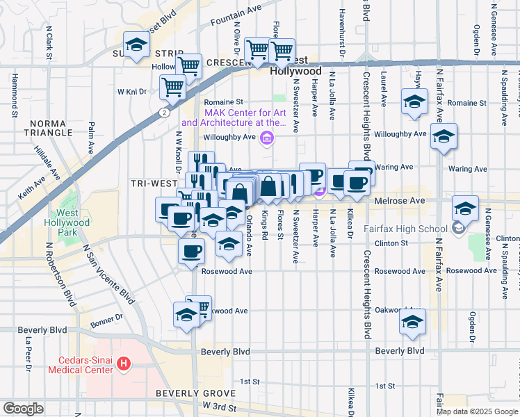 map of restaurants, bars, coffee shops, grocery stores, and more near 631 North Kings Road in West Hollywood