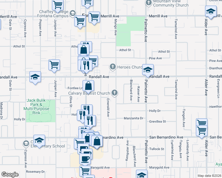 map of restaurants, bars, coffee shops, grocery stores, and more near 9405 Emerald Avenue in Fontana