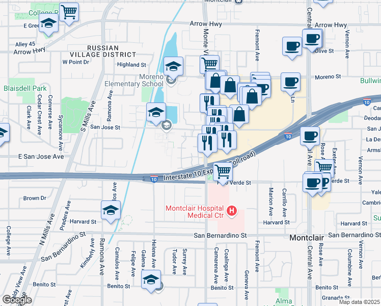 map of restaurants, bars, coffee shops, grocery stores, and more near 9385 Mesa Verde Drive in Montclair