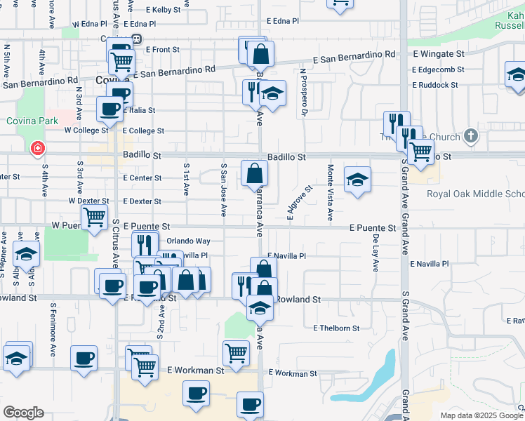 map of restaurants, bars, coffee shops, grocery stores, and more near 520 Alisal Street in Covina