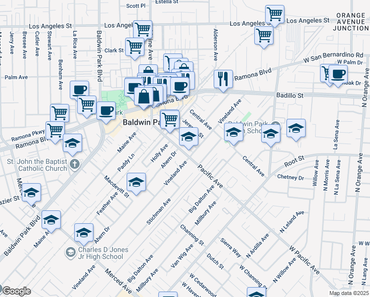 map of restaurants, bars, coffee shops, grocery stores, and more near 14579 Pacific Avenue in Baldwin Park