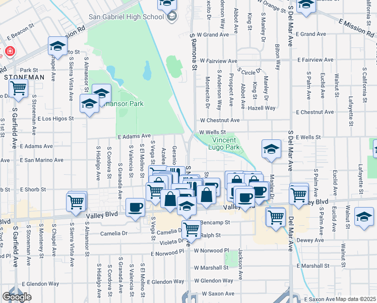 map of restaurants, bars, coffee shops, grocery stores, and more near 1041 New Avenue in Alhambra