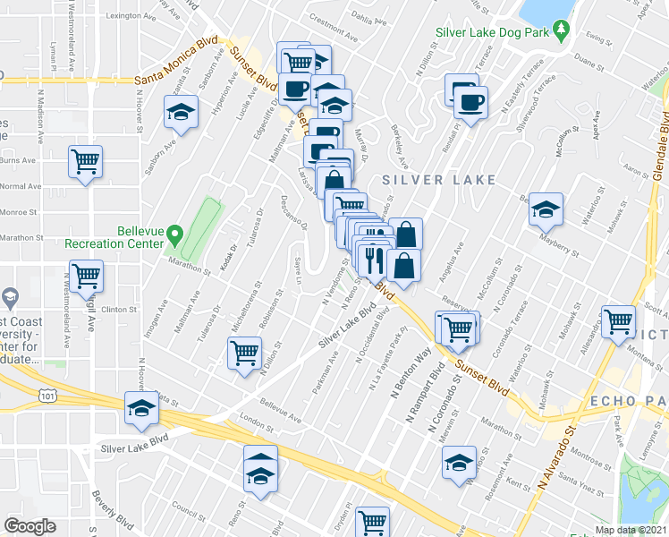 map of restaurants, bars, coffee shops, grocery stores, and more near in Los Angeles