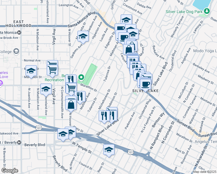 map of restaurants, bars, coffee shops, grocery stores, and more near 806 Tularosa Drive in Los Angeles