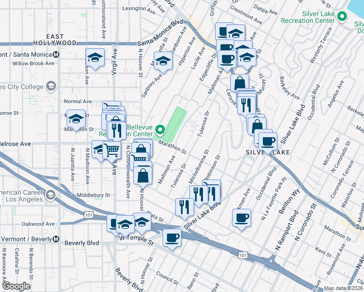 map of restaurants, bars, coffee shops, grocery stores, and more near 754 Maltman Avenue in Los Angeles