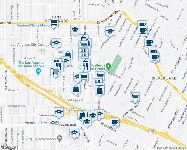 map of restaurants, bars, coffee shops, grocery stores, and more near 632 North Commonwealth Avenue in Los Angeles