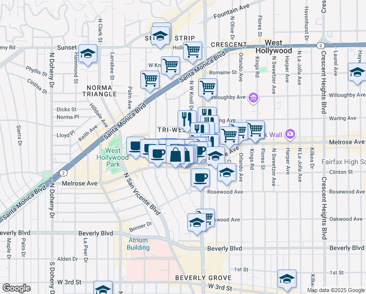 map of restaurants, bars, coffee shops, grocery stores, and more near 636 Westmount Drive in West Hollywood