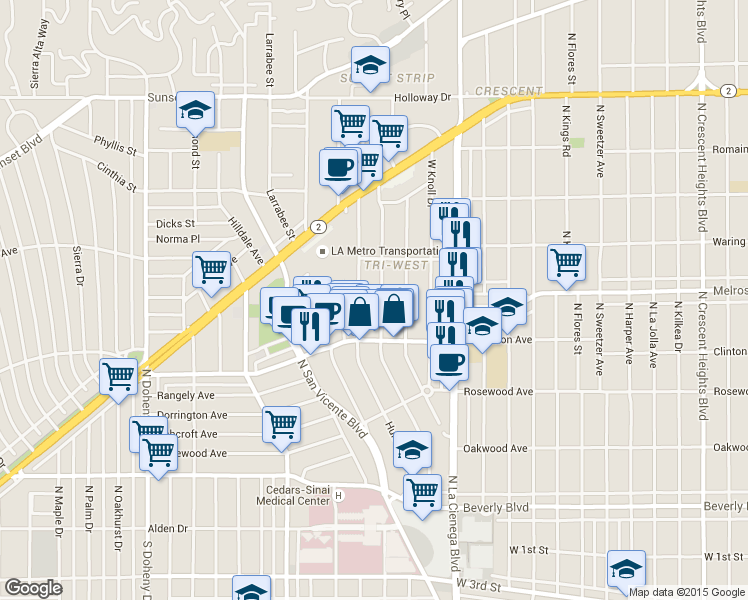 map of restaurants, bars, coffee shops, grocery stores, and more near 635 Westbourne Drive in West Hollywood