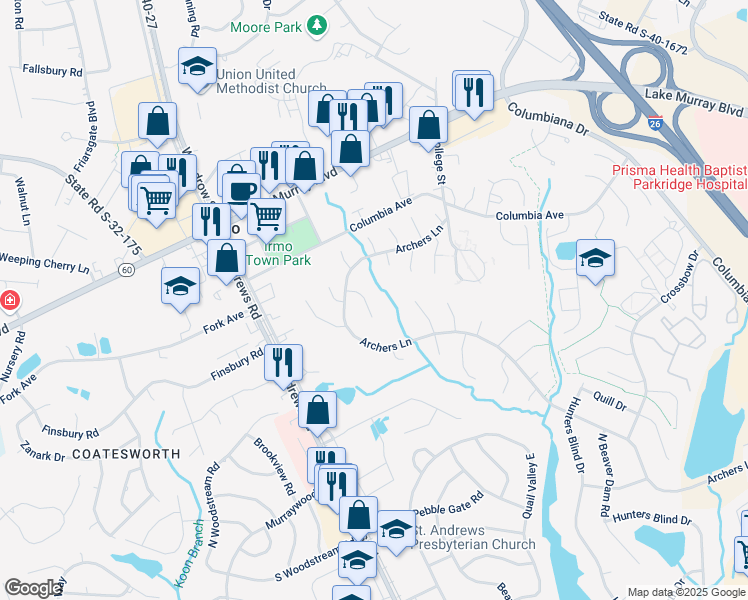 map of restaurants, bars, coffee shops, grocery stores, and more near 704 Woodcreek Court in Columbia
