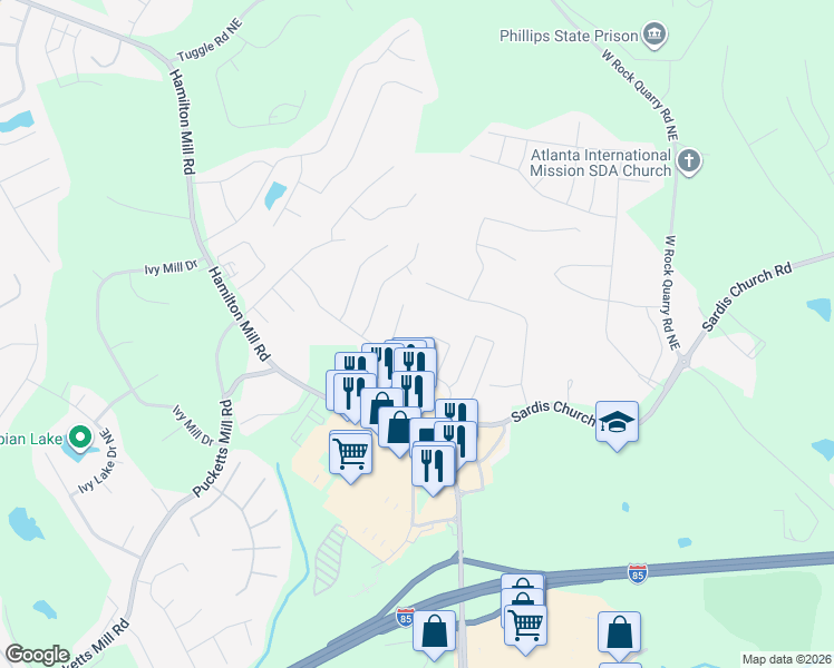 map of restaurants, bars, coffee shops, grocery stores, and more near 3393 Sardis Bend Drive in Buford