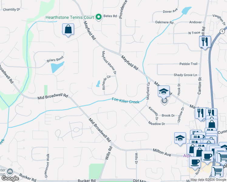map of restaurants, bars, coffee shops, grocery stores, and more near 1205 Mayfield Manor Drive in Alpharetta
