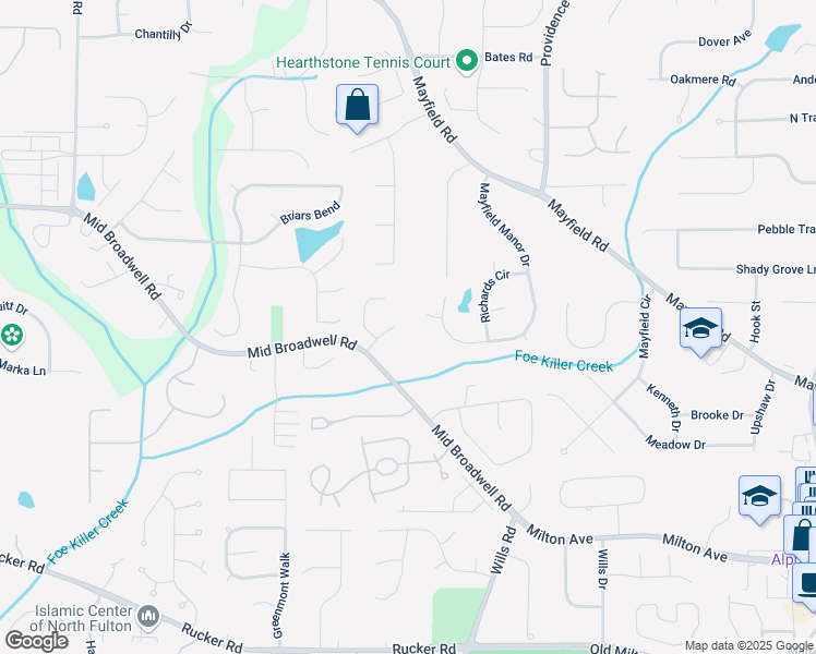 map of restaurants, bars, coffee shops, grocery stores, and more near 1695 Peyton Farm Drive in Alpharetta