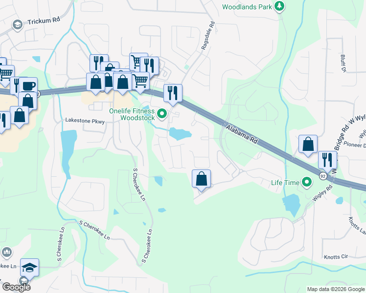 map of restaurants, bars, coffee shops, grocery stores, and more near 338 Lauren Lane in Woodstock