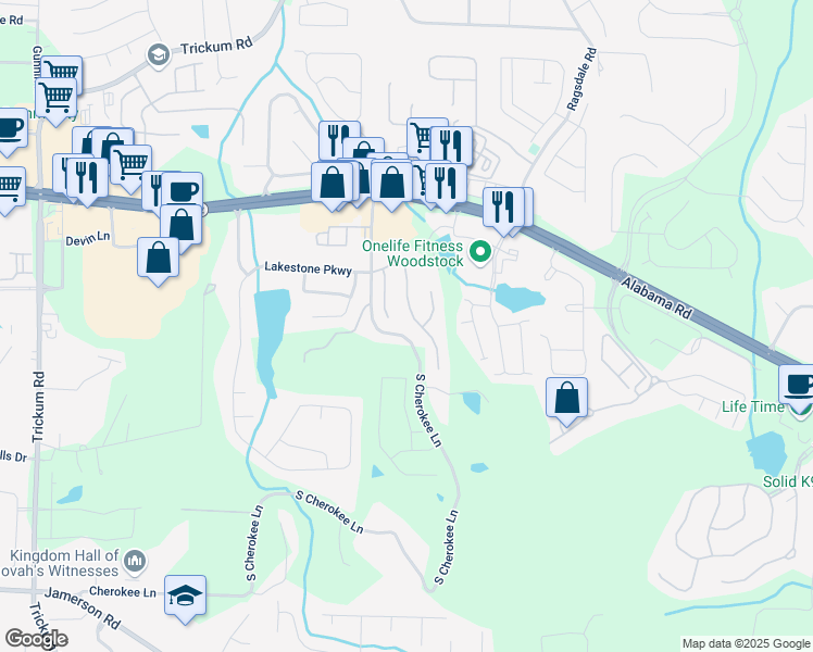 map of restaurants, bars, coffee shops, grocery stores, and more near 130 Bevington Lane in Woodstock