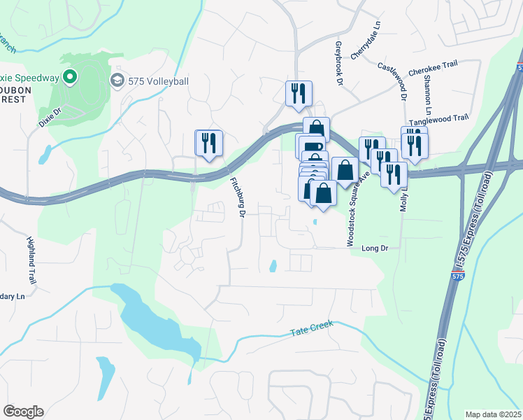 map of restaurants, bars, coffee shops, grocery stores, and more near 500 Garvin Drive in Woodstock