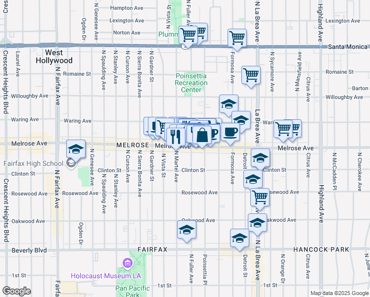 map of restaurants, bars, coffee shops, grocery stores, and more near 77041/2 Melrose Avenue in Los Angeles