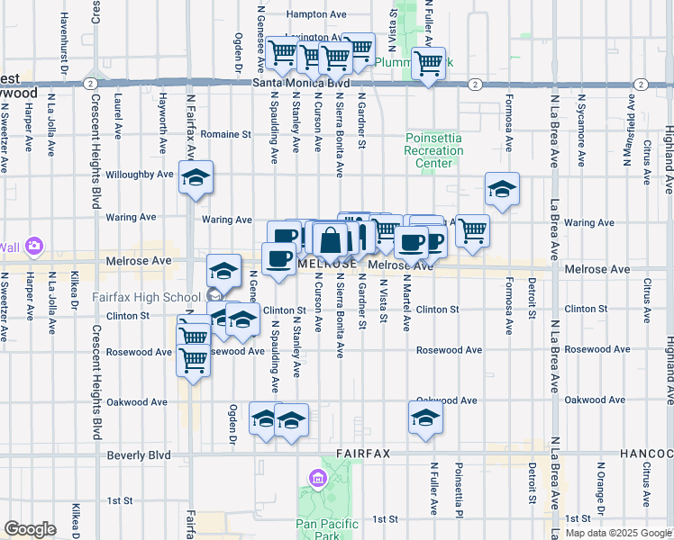 map of restaurants, bars, coffee shops, grocery stores, and more near in Los Angeles