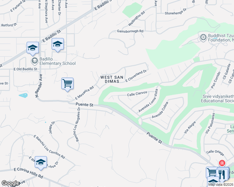 map of restaurants, bars, coffee shops, grocery stores, and more near 1728 Calle Ciervos in San Dimas