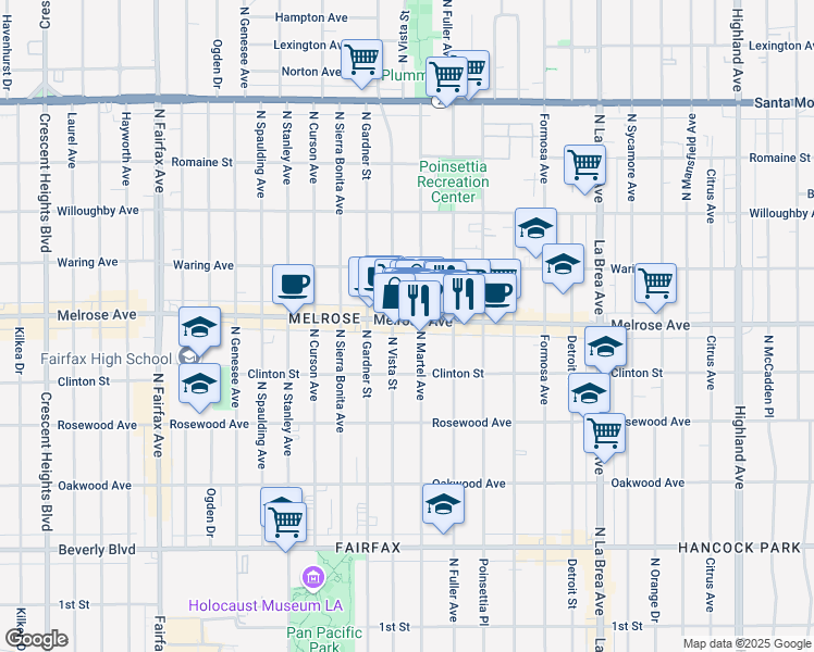 map of restaurants, bars, coffee shops, grocery stores, and more near 7403 Melrose Avenue in Los Angeles