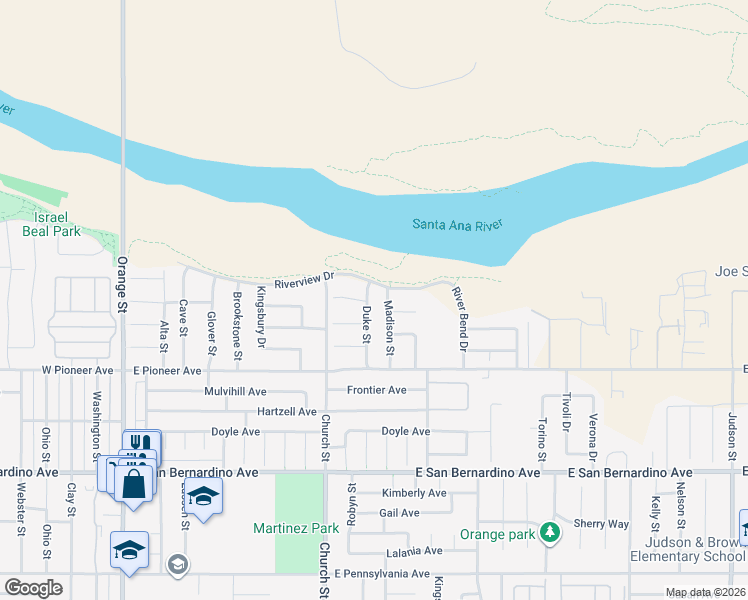 map of restaurants, bars, coffee shops, grocery stores, and more near 1924 Duke Street in Redlands