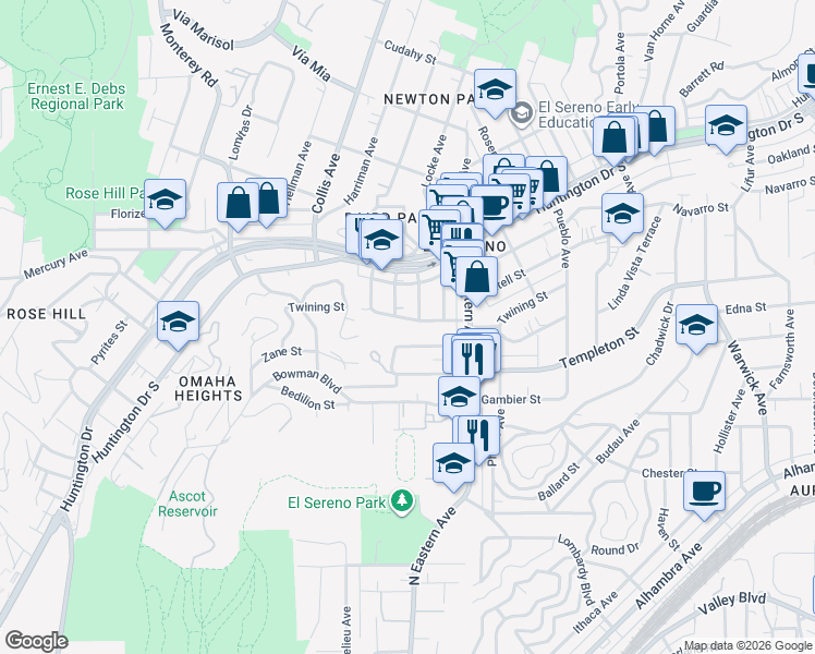map of restaurants, bars, coffee shops, grocery stores, and more near 4772 Twining Street in Los Angeles