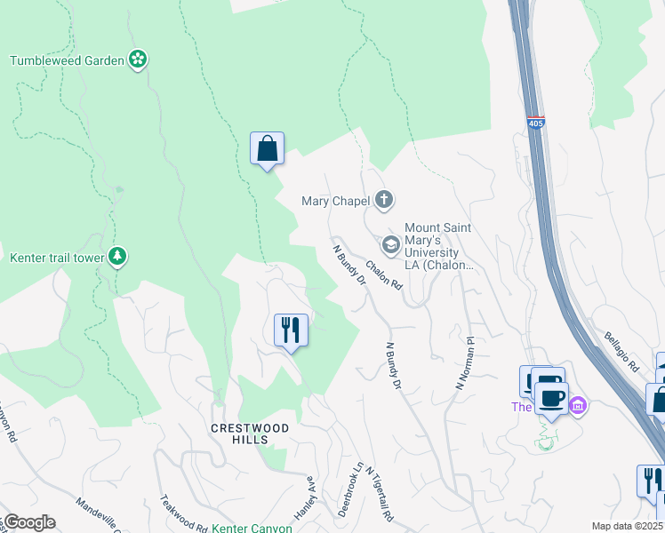 map of restaurants, bars, coffee shops, grocery stores, and more near 1445 North Bundy Drive in Los Angeles