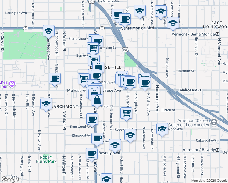map of restaurants, bars, coffee shops, grocery stores, and more near 648 North Serrano Avenue in Los Angeles