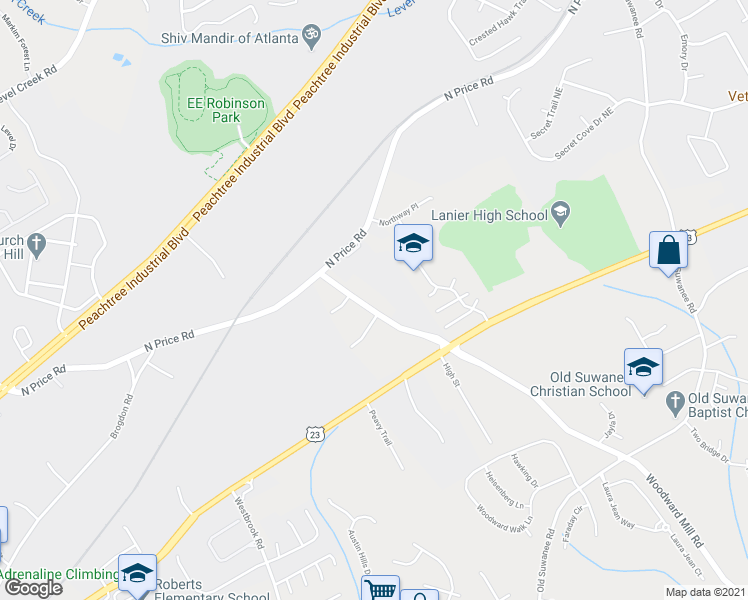 map of restaurants, bars, coffee shops, grocery stores, and more near 4399 Woodward Mill Road in Sugar Hill