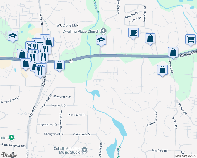 map of restaurants, bars, coffee shops, grocery stores, and more near 637 Bedford Court in Woodstock