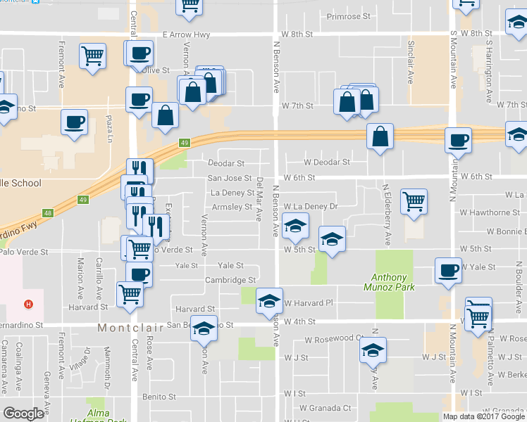 map of restaurants, bars, coffee shops, grocery stores, and more near 9381 Del Mar Avenue in Montclair