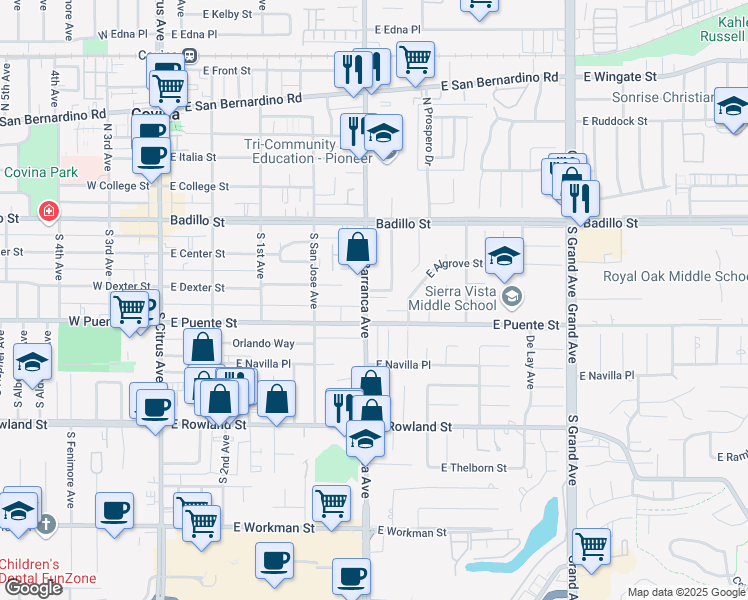 map of restaurants, bars, coffee shops, grocery stores, and more near 308 South Barranca Avenue in Covina
