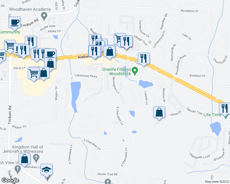 map of restaurants, bars, coffee shops, grocery stores, and more near 130 Bevington Lane in Woodstock