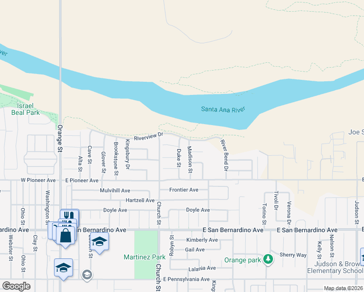 map of restaurants, bars, coffee shops, grocery stores, and more near 1924 Duke Street in Redlands
