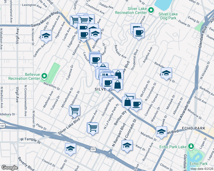 map of restaurants, bars, coffee shops, grocery stores, and more near 2919 Sunset Boulevard in Los Angeles