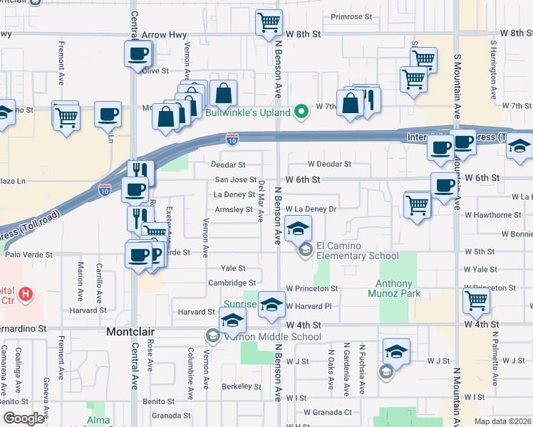 map of restaurants, bars, coffee shops, grocery stores, and more near 9381 Del Mar Avenue in Montclair
