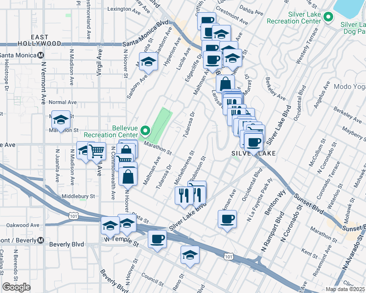 map of restaurants, bars, coffee shops, grocery stores, and more near 806 Tularosa Drive in Los Angeles