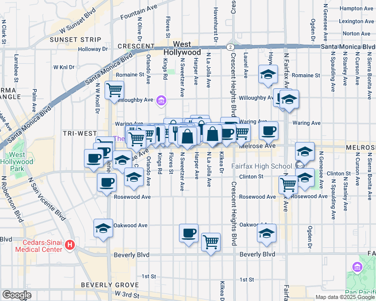 map of restaurants, bars, coffee shops, grocery stores, and more near 649 North Harper Avenue in Los Angeles