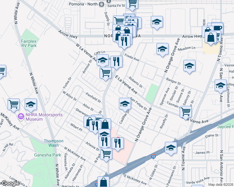map of restaurants, bars, coffee shops, grocery stores, and more near 2025 Las Vegas Avenue in Pomona