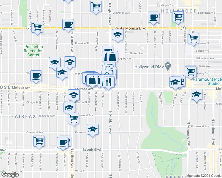 map of restaurants, bars, coffee shops, grocery stores, and more near 710 Melrose Avenue in Los Angeles