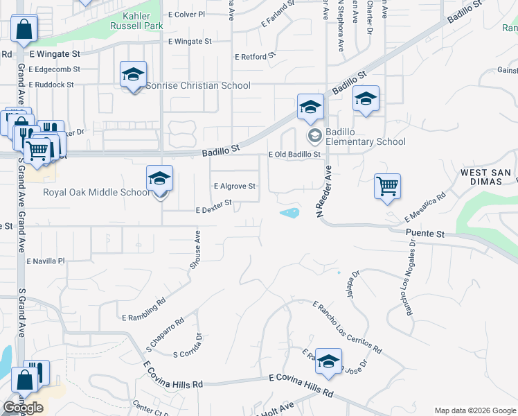 map of restaurants, bars, coffee shops, grocery stores, and more near 1574 East Dexter Street in Covina